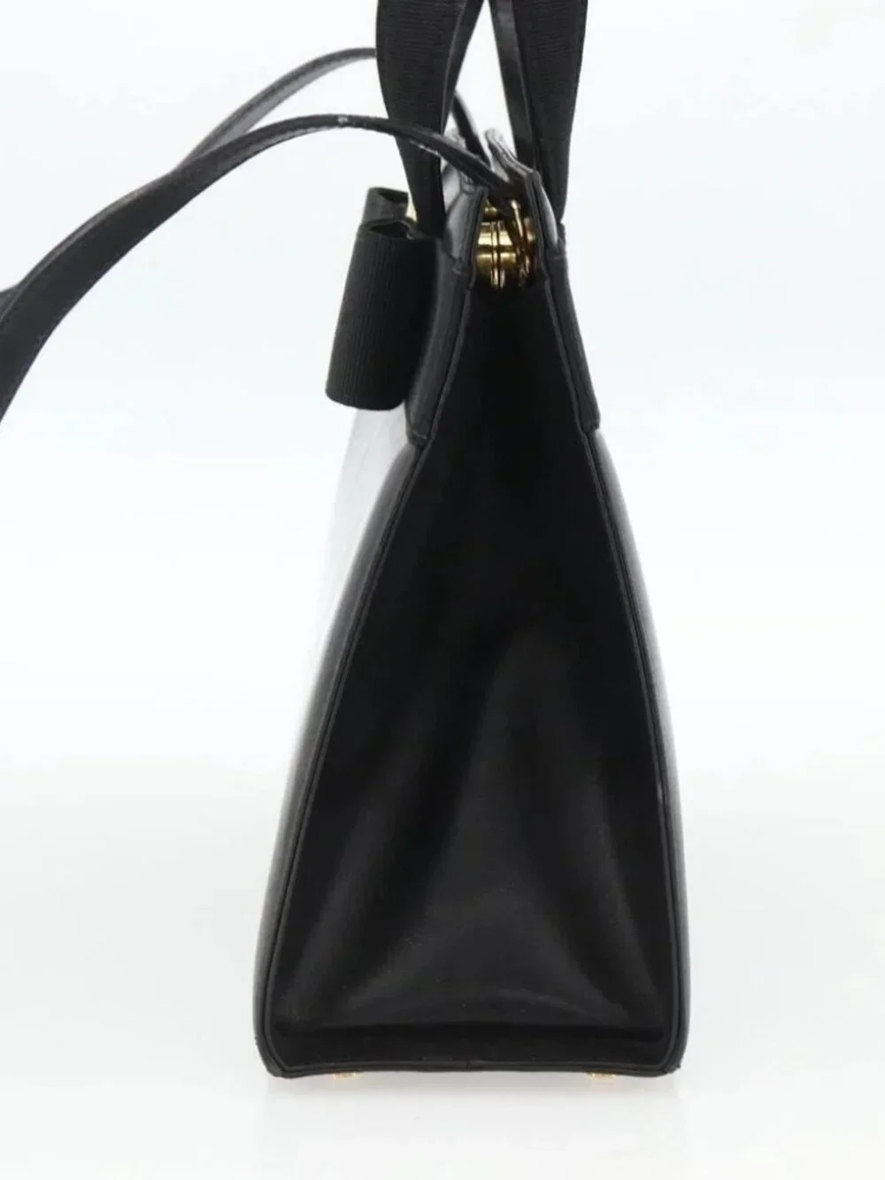 Salvatore Ferragamo Vala Ribbon Hand Bag Leather 2way Black Gold Auth ka3380